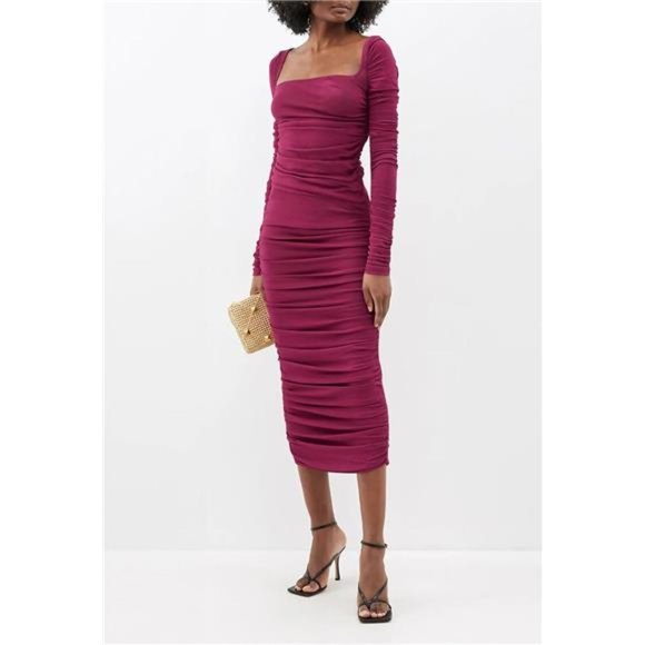 Ruched Bodycon Dress Square Neck Long Sleeve Backless  Midi Dresses For Women - Picture 4 of 7